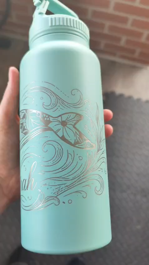 [Laser cut and engrave] Mint Green Insulated Water Bottle with Whale Illustration