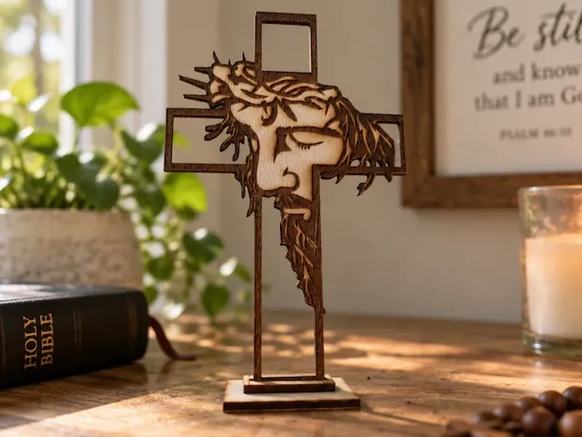 Croix de table avec visage de Jésus et couronne d'épines