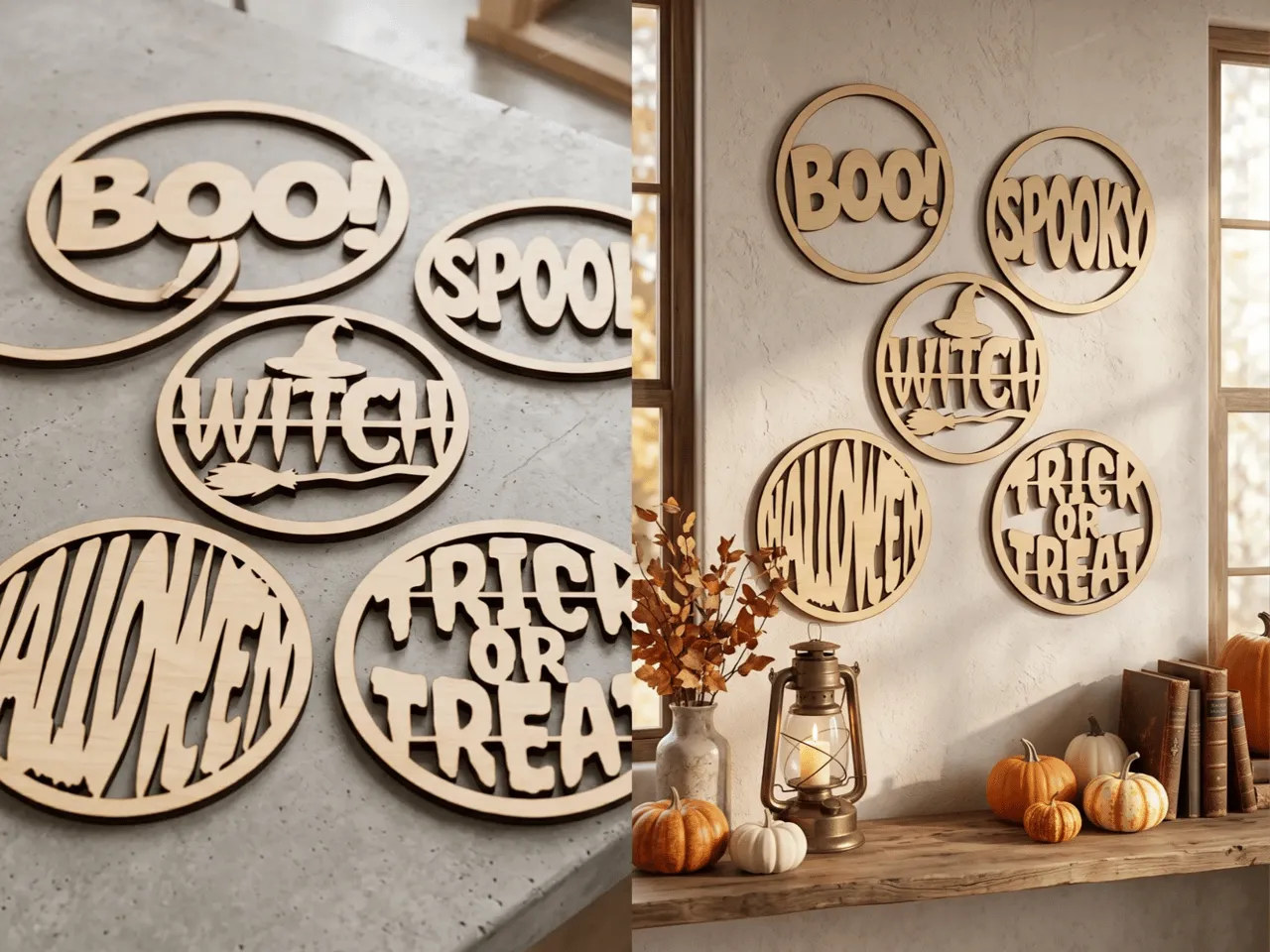 [Laser cut and engrave] Round Halloween Wall Signs with Spooky Text and Witch Motifs