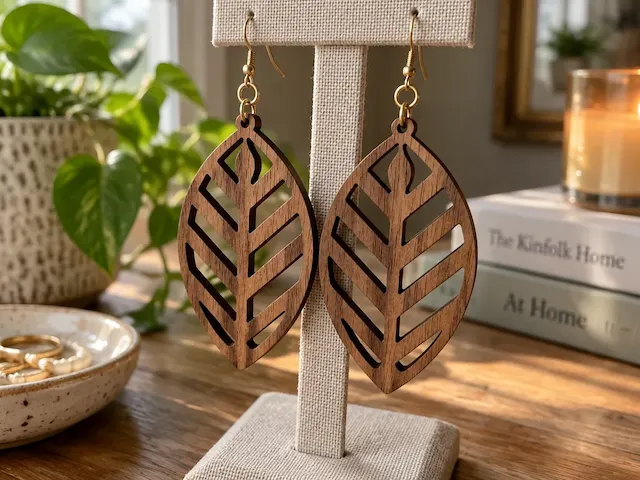 Anting kayu motif daun dengan potongan geometris