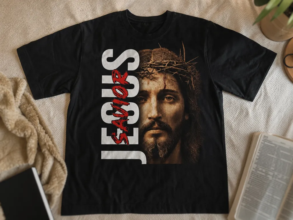 Black T-Shirt Featuring Jesus Christ with Crown of Thorns Graphic
