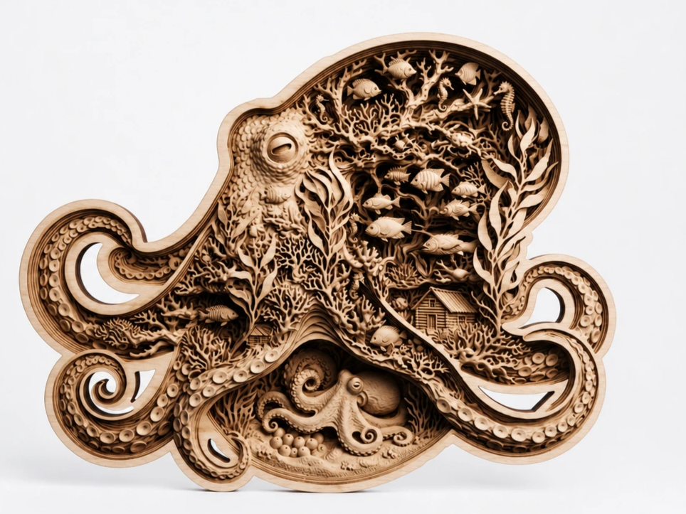 Wooden Octopus Wall Art with Intricate Underwater Coral Reef Scene
