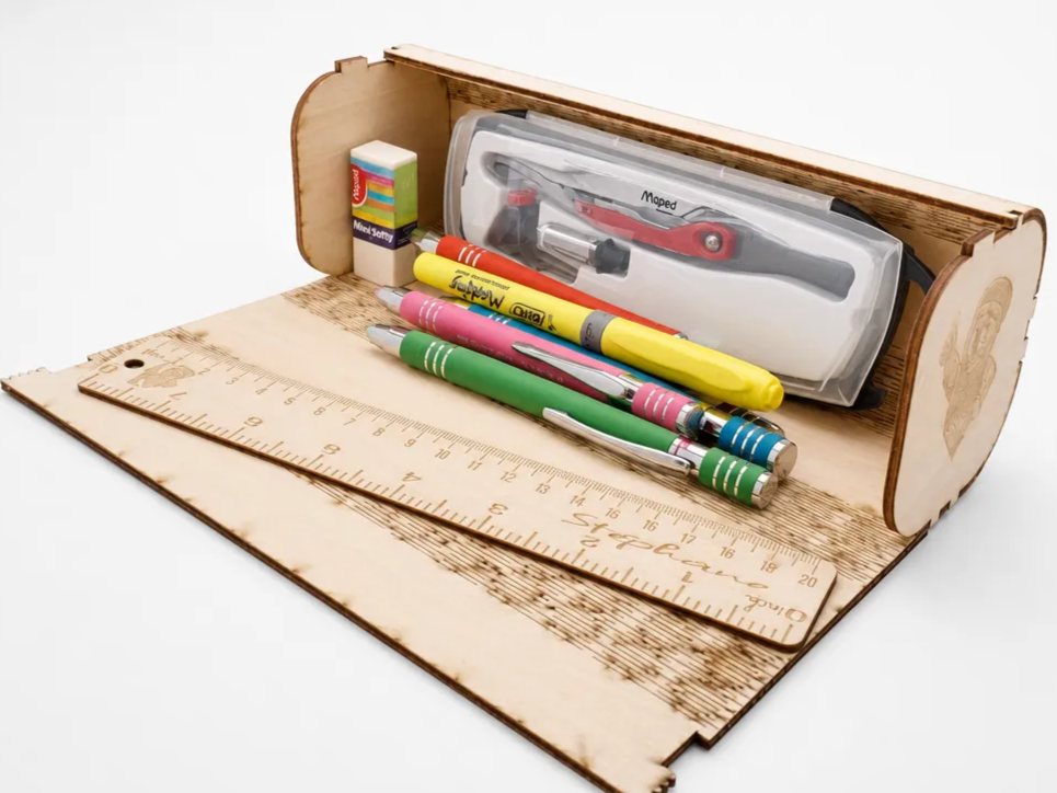 Trousse d'écolier en bois avec double décimètre en bonus pour fournitures scolaires