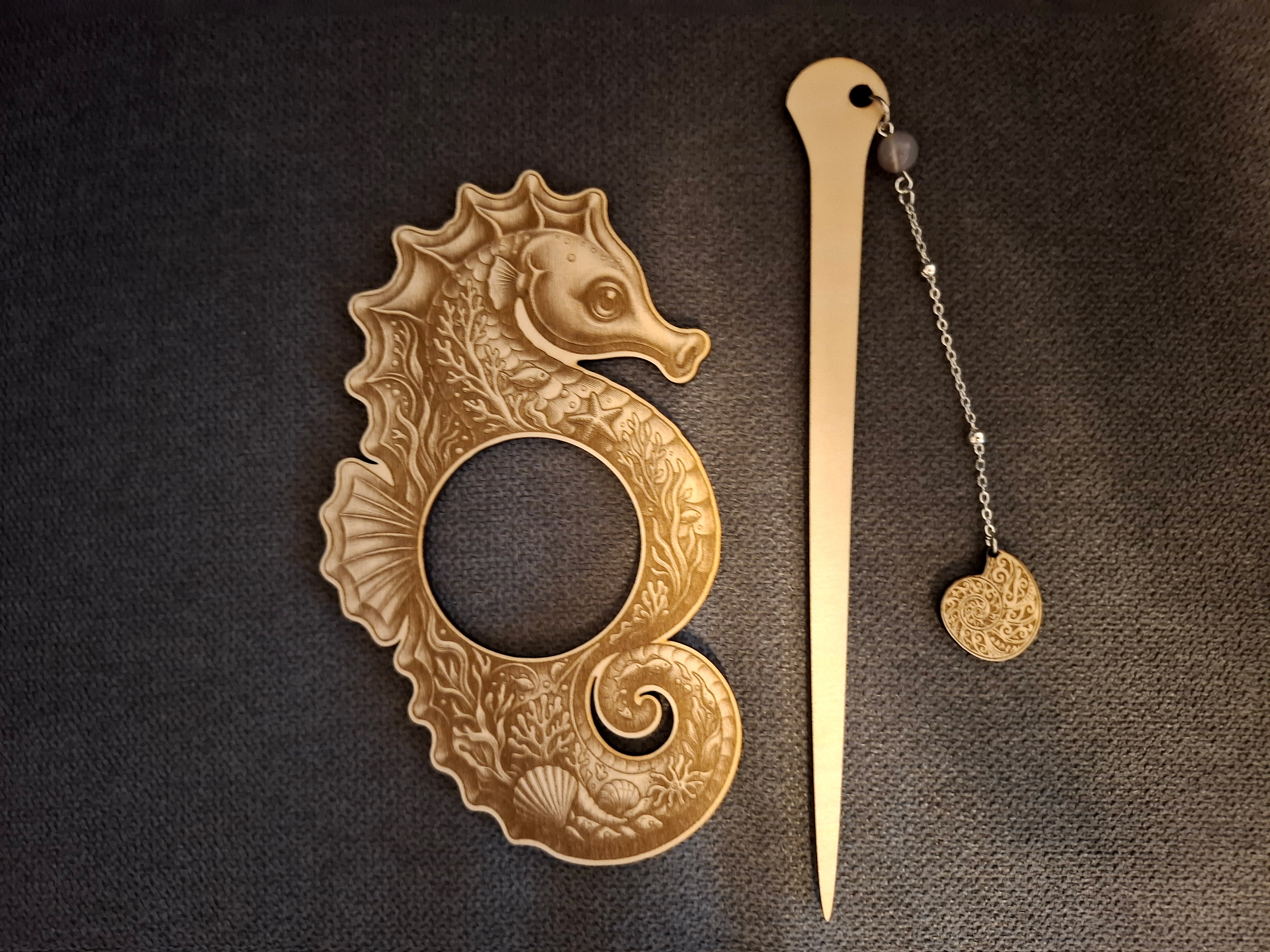 [Laser cut and engrave] Hippocampe Half-Up Hair Holder | Wooden Hair Stick | Laser Cut File | Hair Accessory