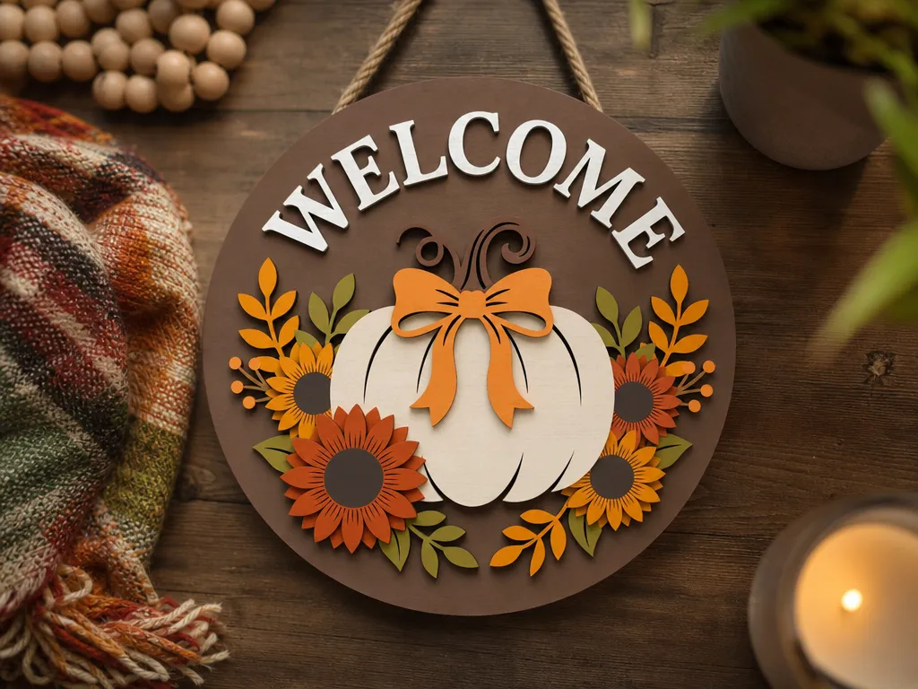 Welcome Round Door Sign with Pumpkin and Sunflower Fall Motif
