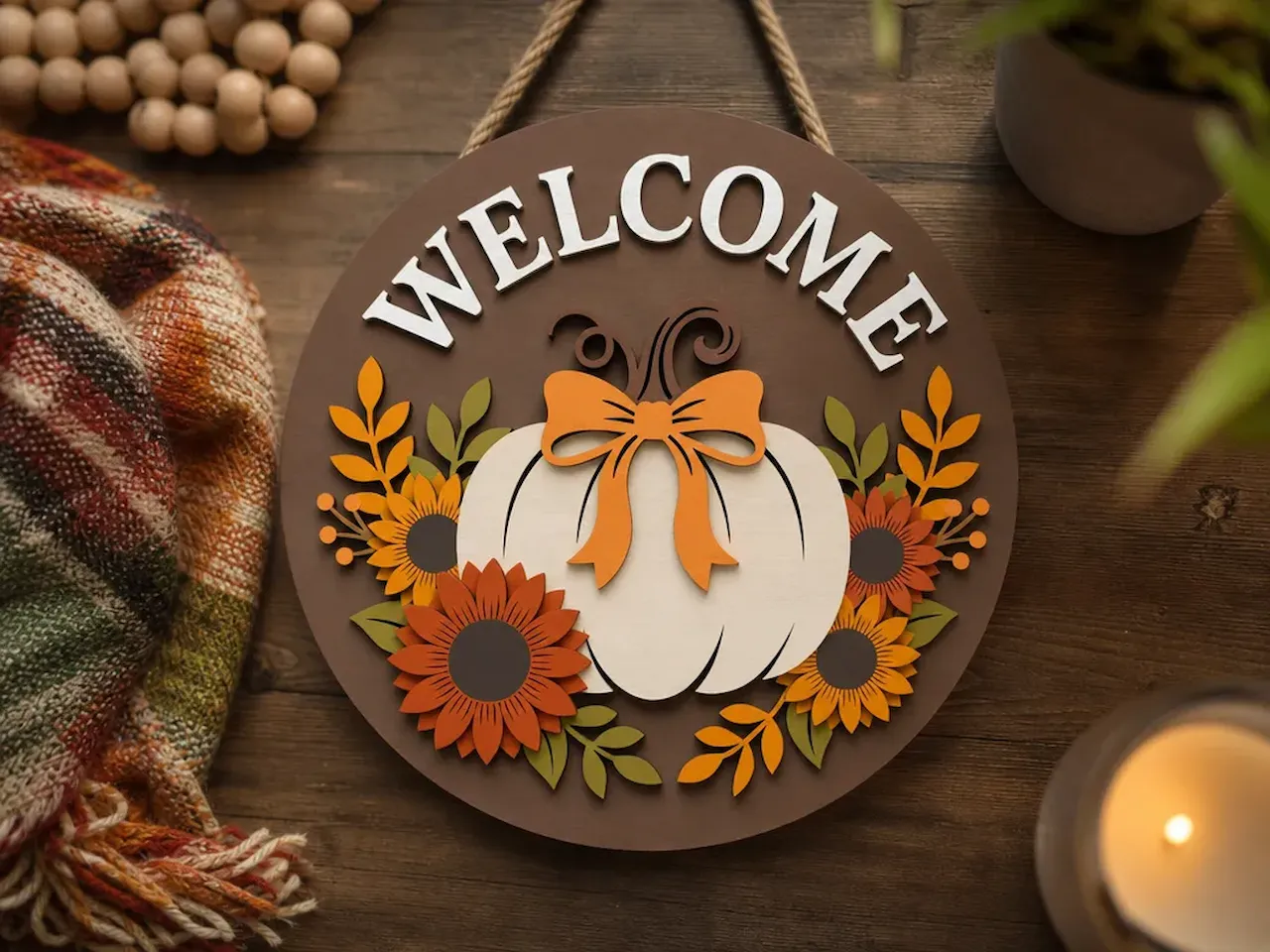[Laser cut and engrave] Welcome Round Door Sign with Pumpkin and Sunflower Fall Motif