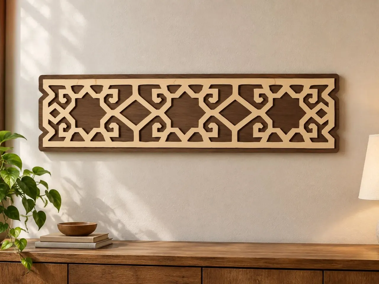 [Laser cut and engrave] Geometric Pattern Wall Art Panel with Two-Tone Wood Finish