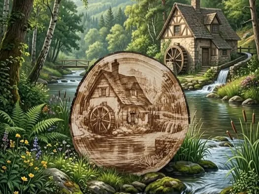 Fetta di tronco con illustrazione di mulino ad acqua e paesaggio naturale