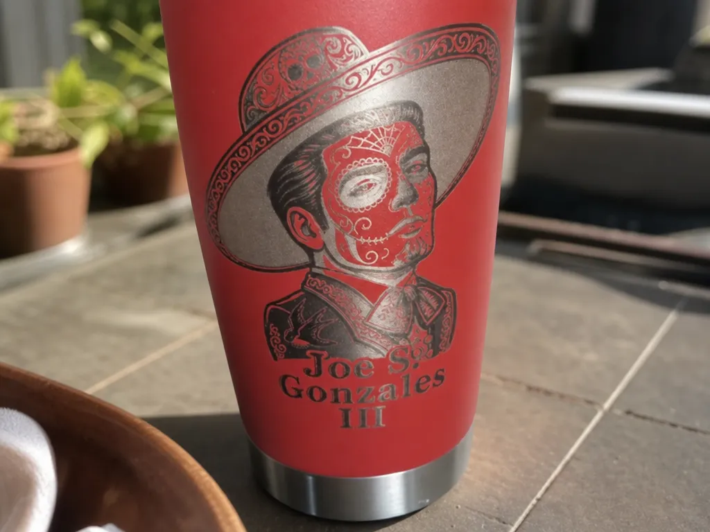 Red Insulated Tumbler Featuring Day of the Dead Mariachi Portrait