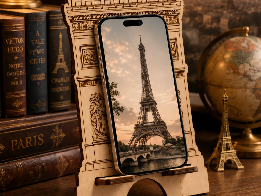 Support de téléphone en bois en forme d'Arc de Triomphe