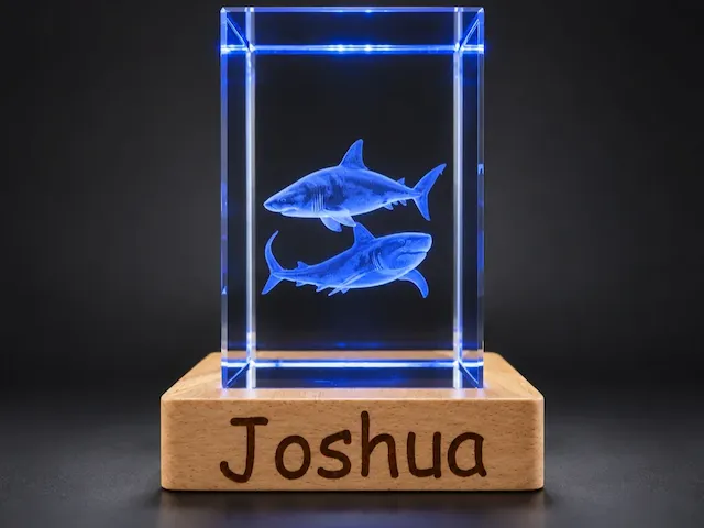 Personalized Crystal Block with Illuminated Shark Motif and Wooden Base
