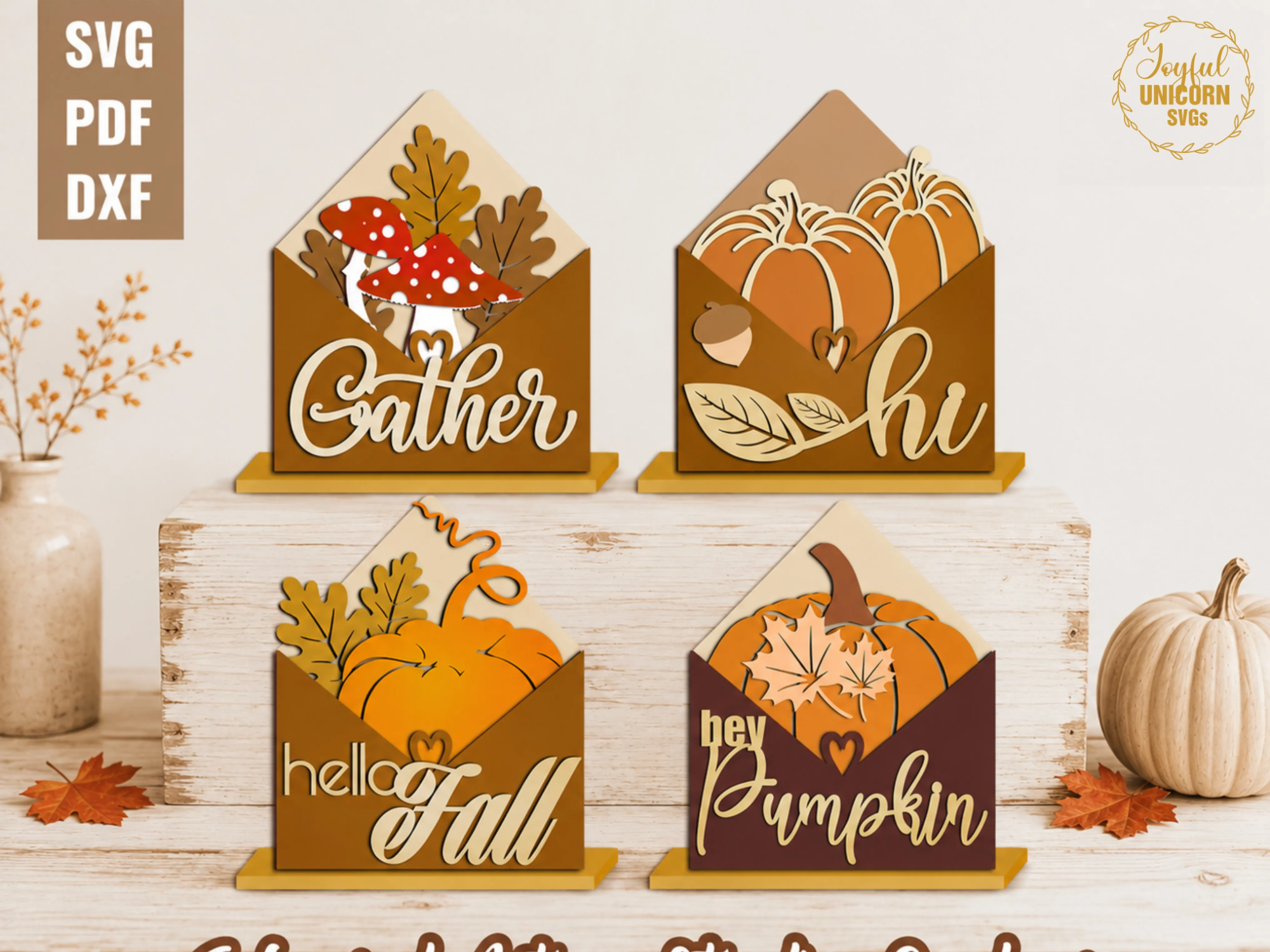 Fall Standing Envelope SVG Bundle, Layered 3D Autumn Shelf Sitter Laser Cut File, Autumn Tiered Tray SVG, Glowforge, CNC Ready File