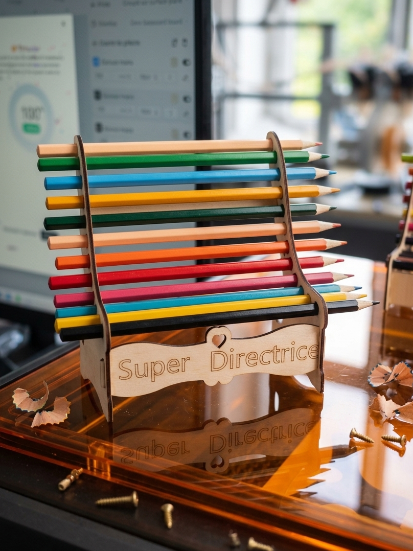 [Laser cut and engrave] Pot à crayons en forme de banc pour bureau