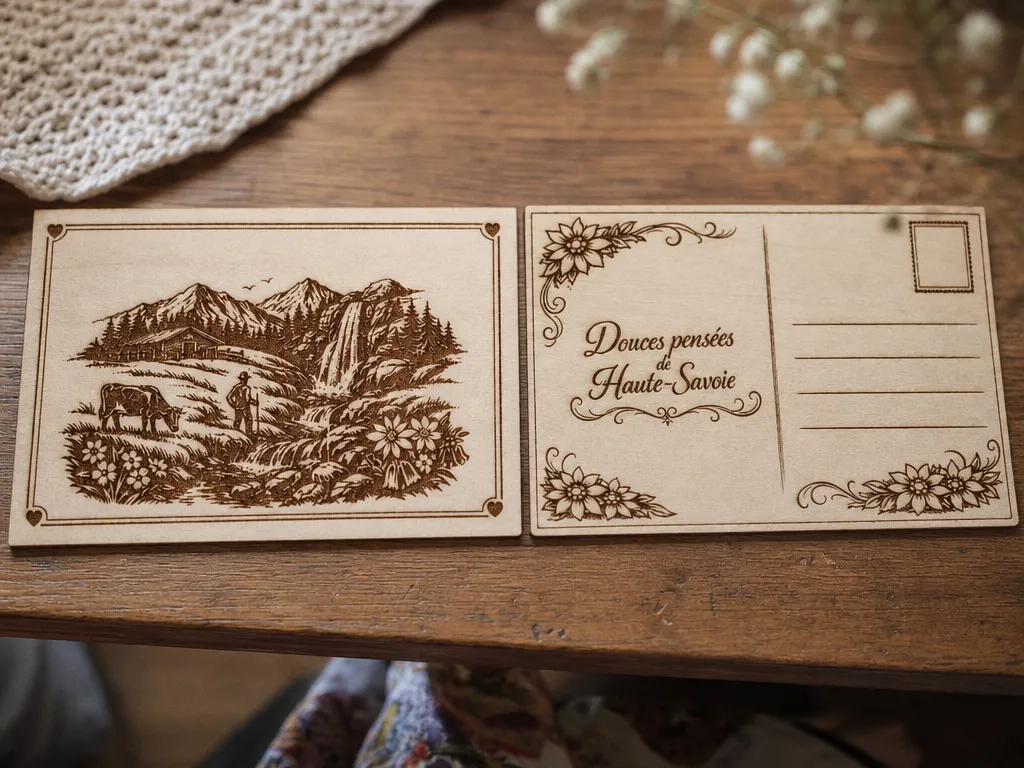 Carte postale en bois illustrée avec paysage de montagne et Haute-Savoie