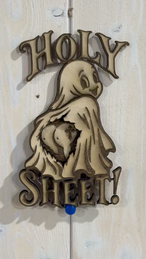 [Laser cut and engrave] Holy Sheet Ghost Wall Sign with Cross Motif ghost but