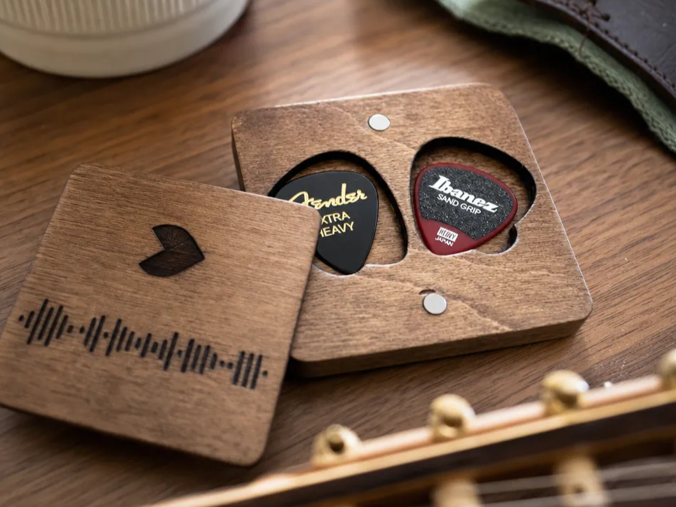 Wooden Guitar Pick Holder Case with Spotify link & engraving