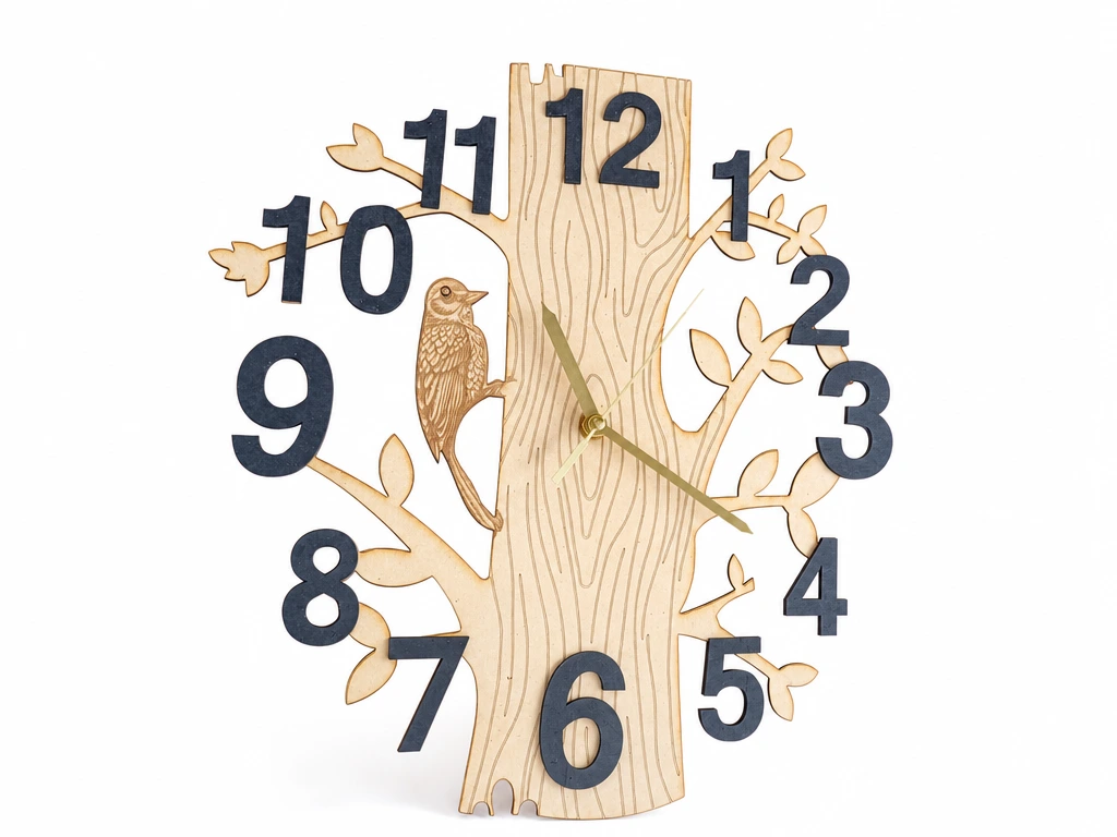 Reloj de pared con forma de árbol y pájaro