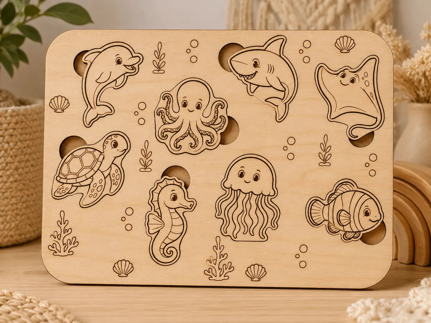 Underwater Montessori-Inspired Wooden Puzzle | 8 Piece Sea Animal Name Learning Puzzle