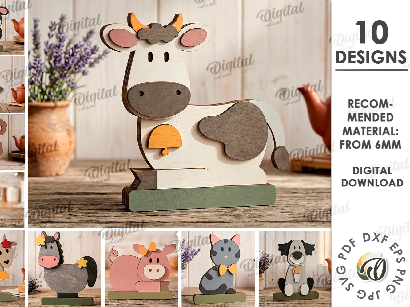 3D Farm animals figurine stands bundle. Shelf sitter laser cut files. Wooden barn animal decor. Kids toy. Rustic. Farmhouse svg. Cow. Pig