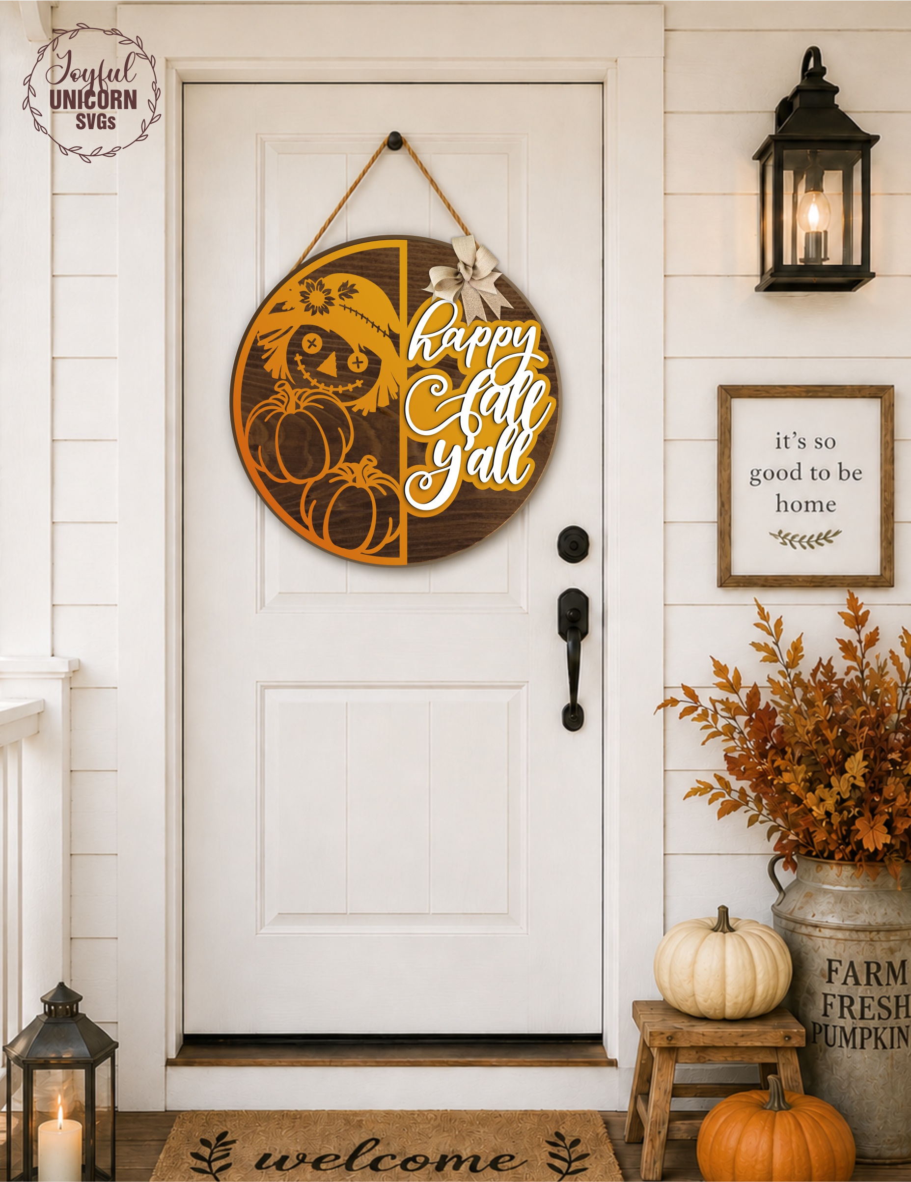 [Laser cut and engrave] Fall Door Hanger SVG Bundle, Autumn Round Door Sign with Scarecrow, Happy Fall Y'all Round Sign, Pumpkin Welcome Sign,Glowforge, CNC, Xtool