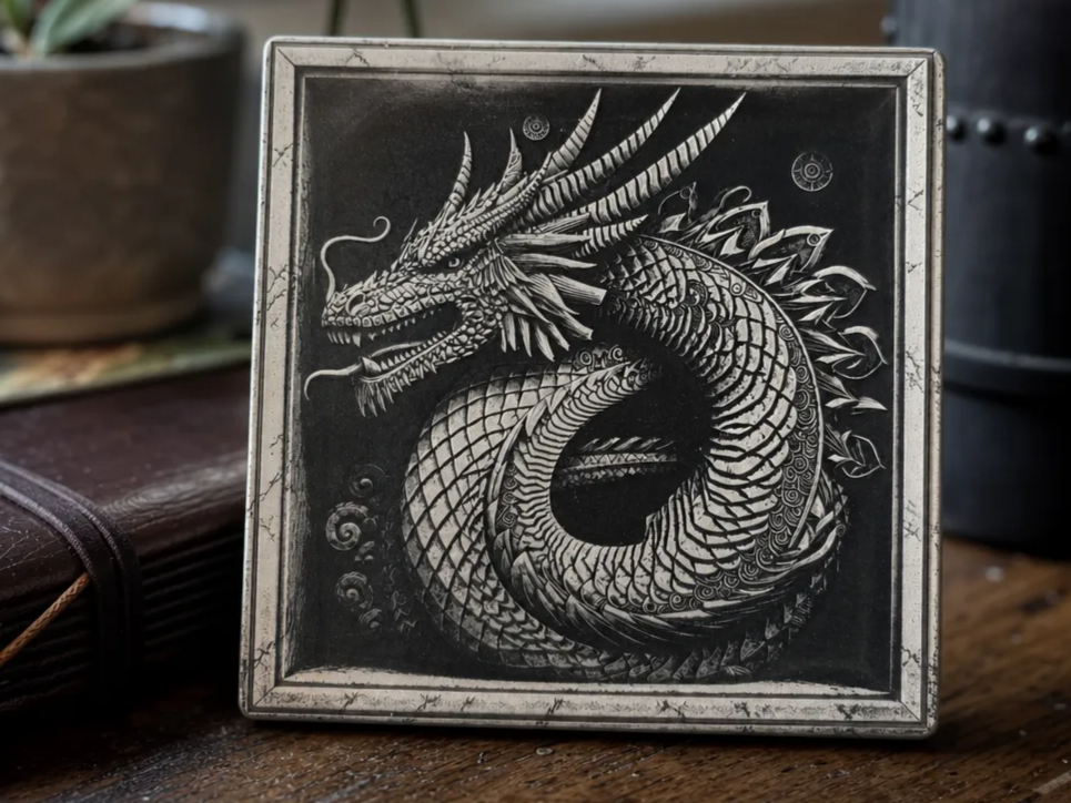 Drinks coaster with highly detailed Dragon design,
