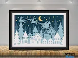 [Laser cut and engrave] Framed Layered Paper Art Featuring Santa Claus Flying Over a Winter Village