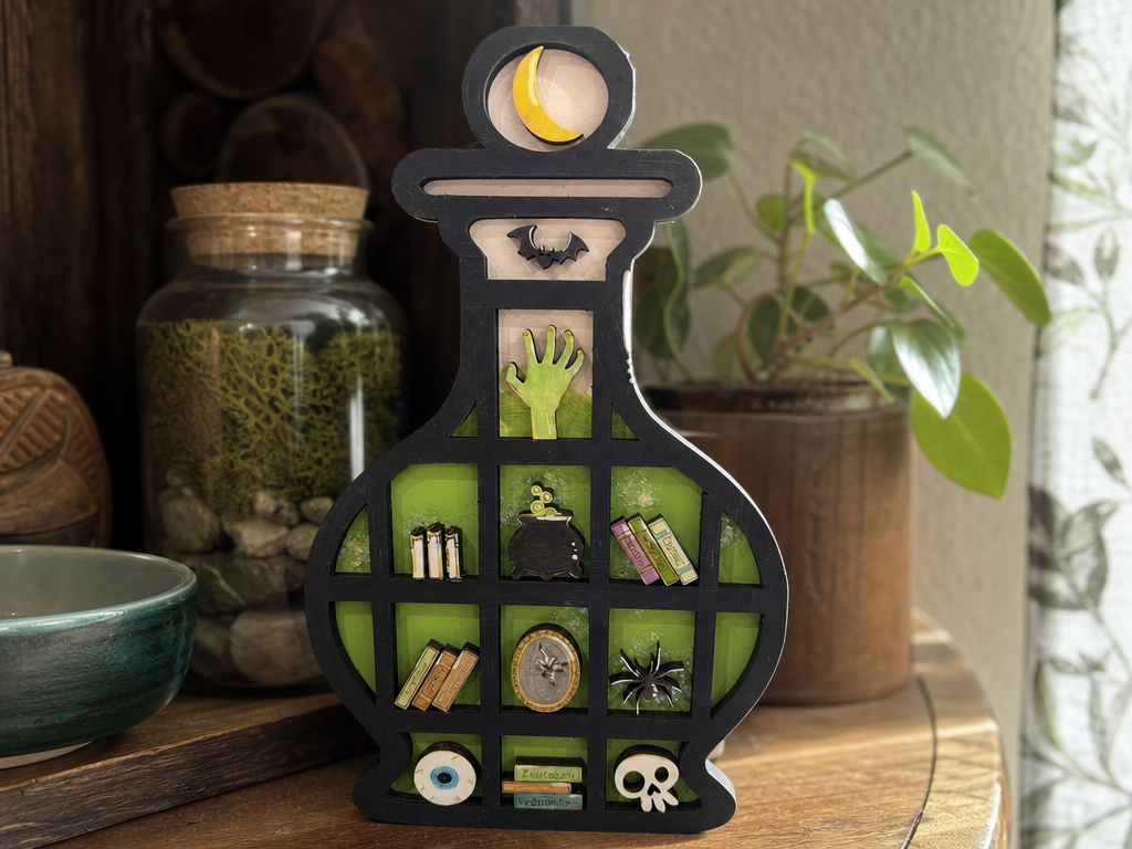 Potion Bottle Shaped Shelf with Miniature Witchcraft Icons