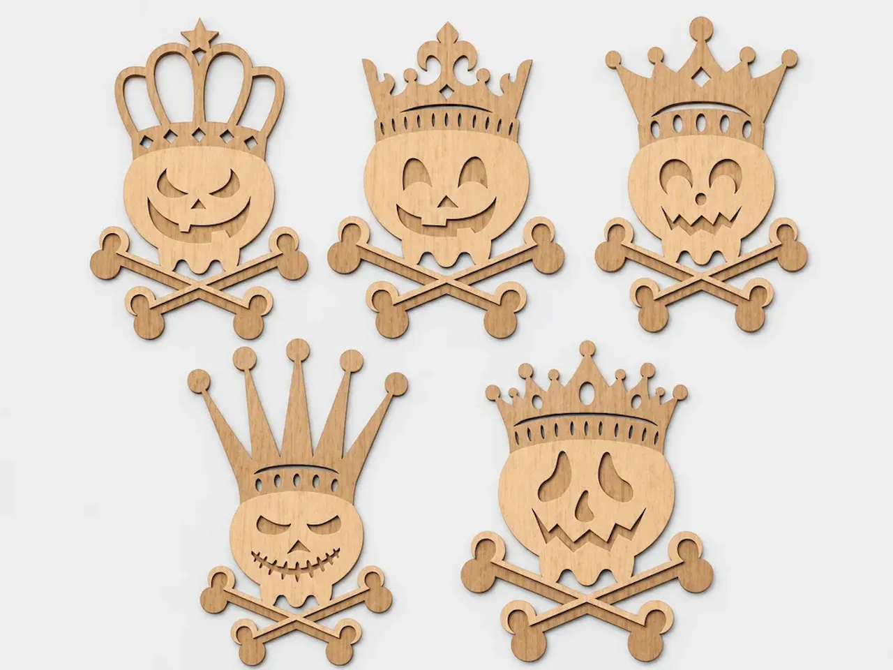 [Laser cut and engrave] Set of Five Wooden Crowned Skull and Crossbones Halloween Ornaments
