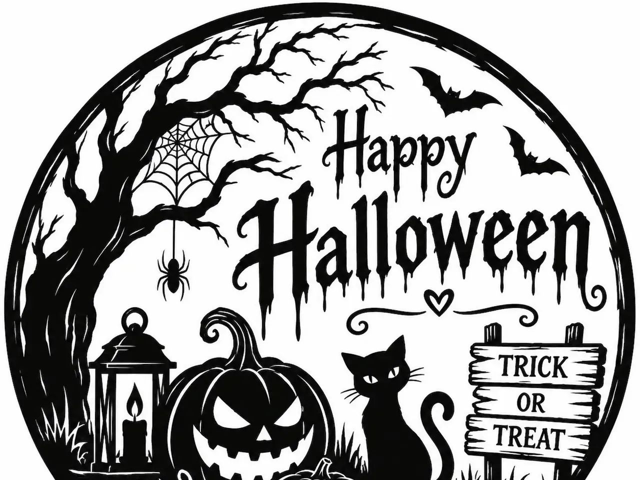 [Laser cut and engrave] Rundes Happy Halloween Wandbild mit Kürbis Katze und Fledermäusen