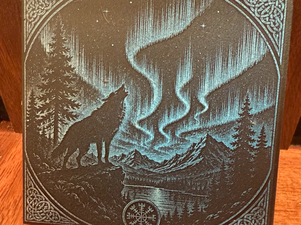Howling Wolf and Northern Lights Painted Tile Art with Celtic Border