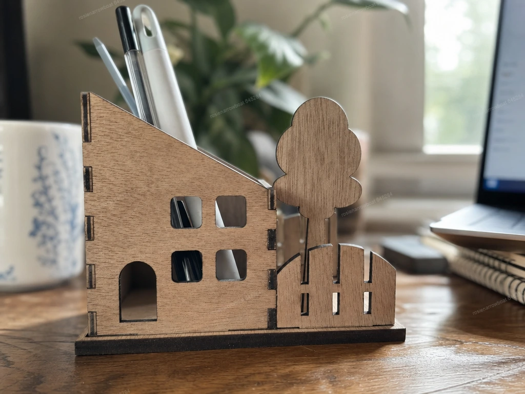 House Shaped Wooden Desk Organizer for Pens and Stationery