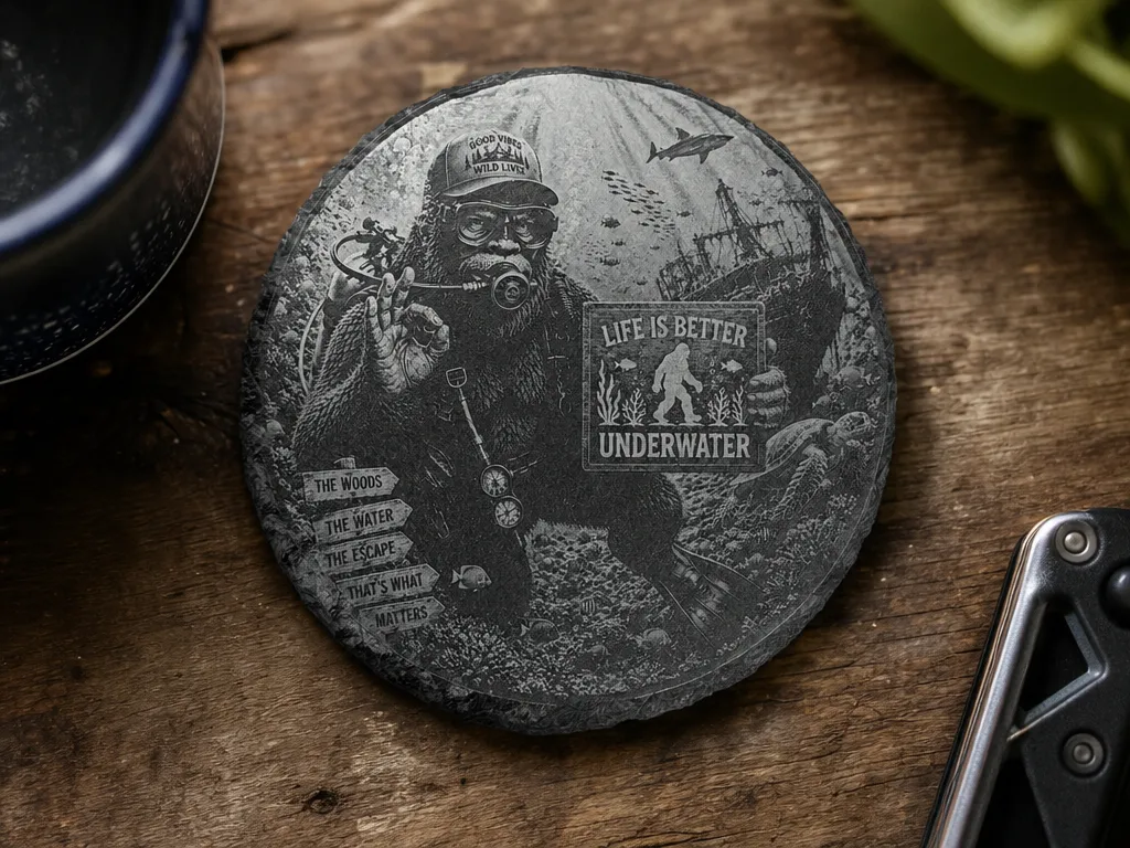 Round Slate Coaster Featuring Scuba Diving Bigfoot Underwater Scene