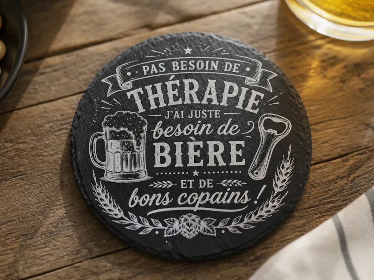 [Laser cut and engrave] Sous-verre en ardoise avec inscription humoristique sur la bière