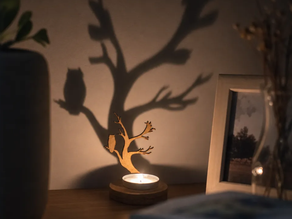 Bougeoir en bois avec silhouette d'arbre et de hibou projetant une ombre