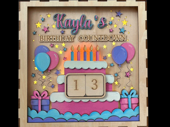 Personalized Birthday Countdown Calendar with Light Up Cake and Balloon Motif