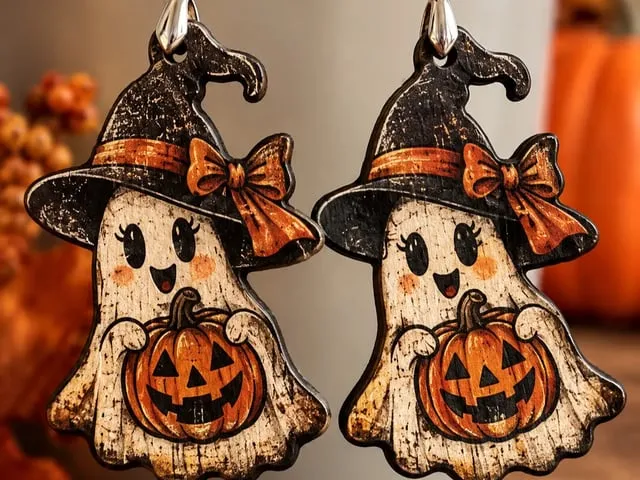 Ghost with Witch Hat and Pumpkin Halloween Earrings