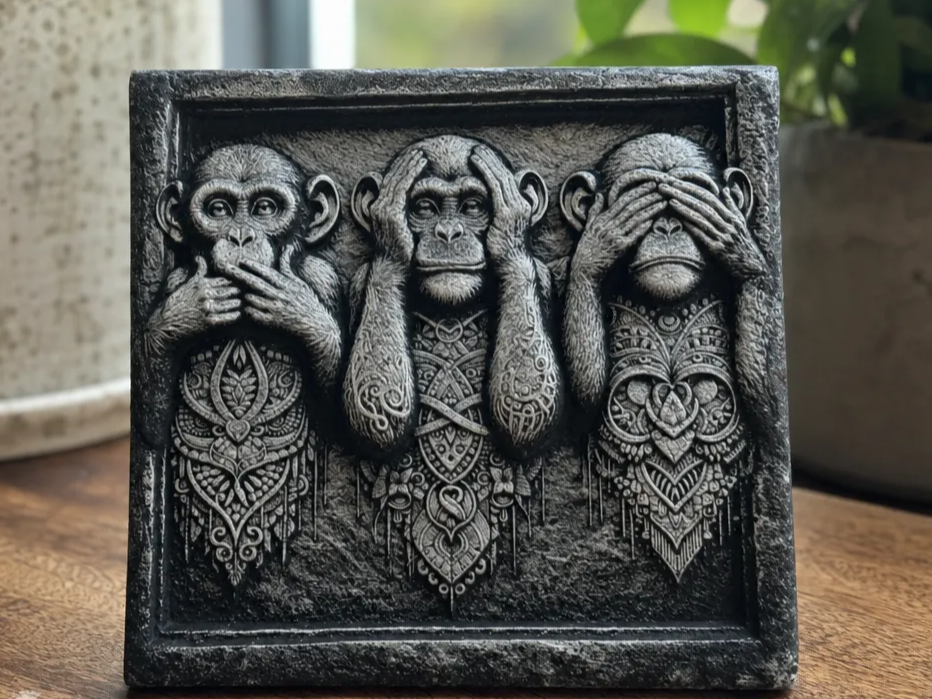 gravure avec effet 3D sur ardoise représentant les trois singes de la sagesse