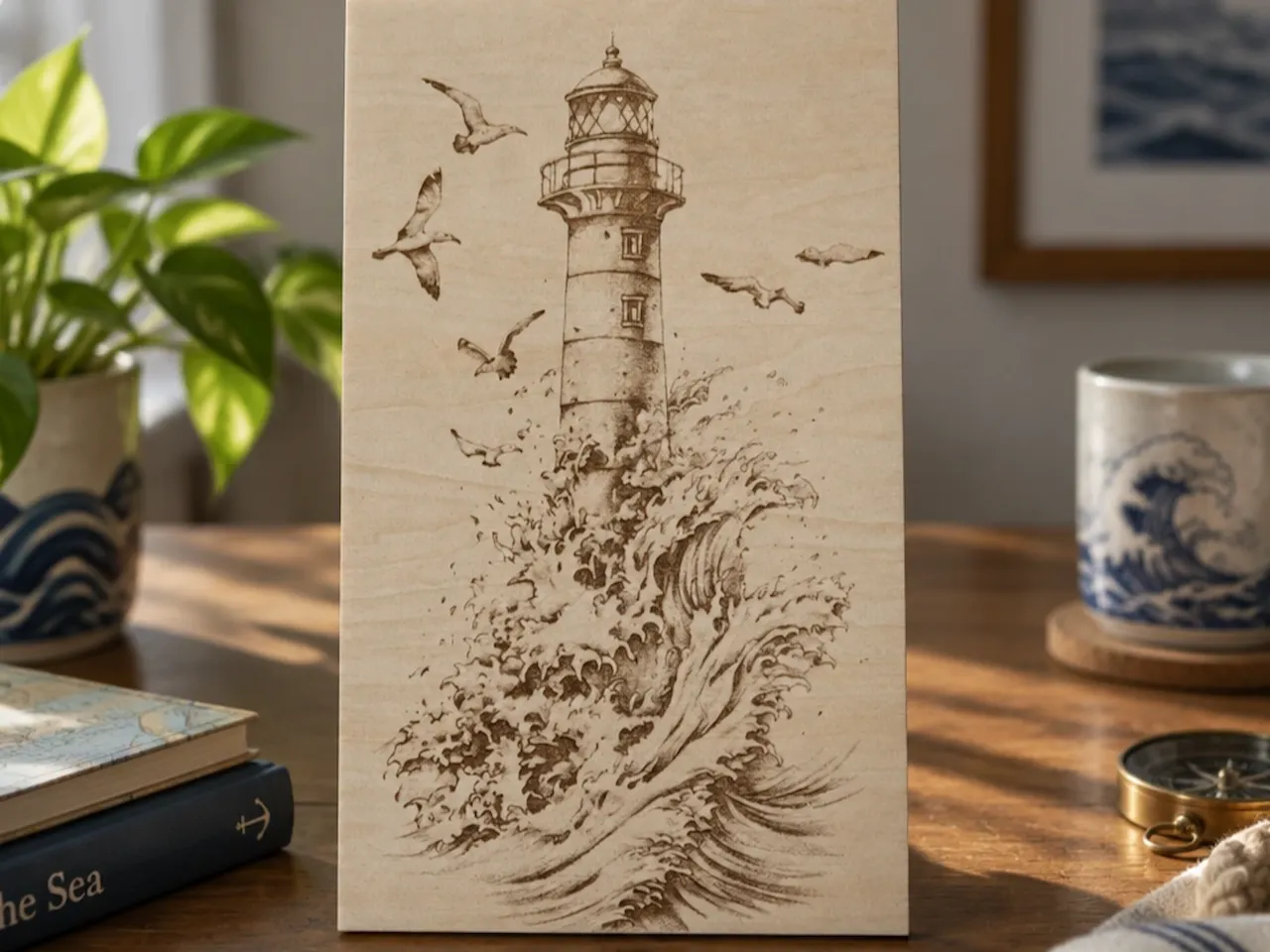 [Laser cut and engrave] Panneau en bois illustré d'un phare et de vagues déferlantes