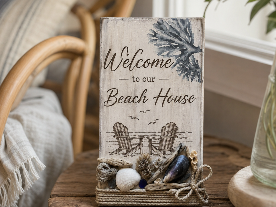 Willkommensschild für das Strandhaus mit Muscheldekoration /Welcome to our Beach House