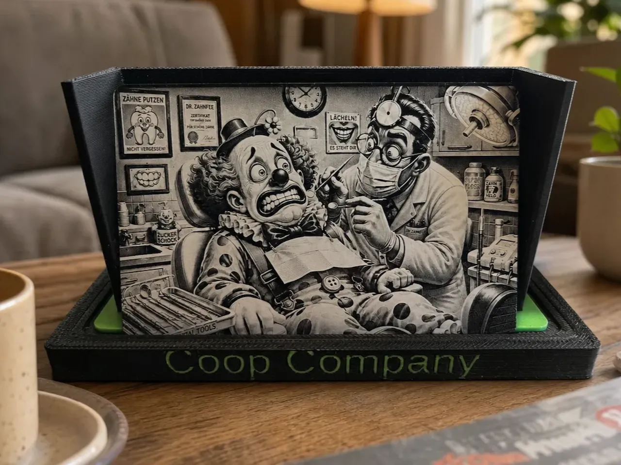 [Laser cut and engrave] Schwarz-Weiß-Bild eines Zahnarztes bei der Behandlung eines Clowns