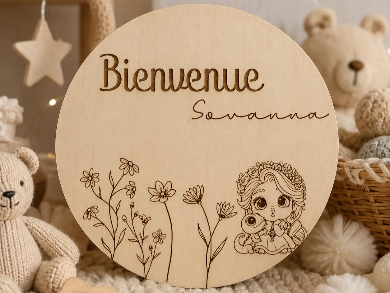 Plaque de naissance ronde personnalisée avec prénom et motif floral