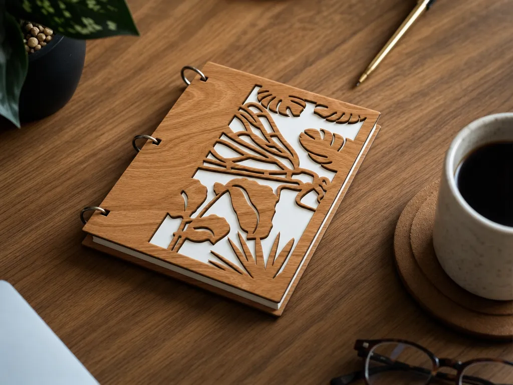 Wooden Notebook with Tropical Leaf Cutout Cover