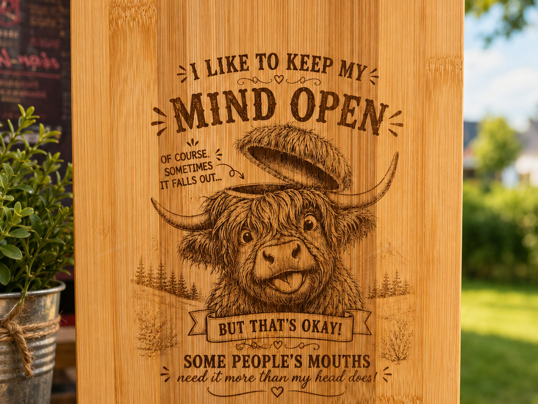 Highland Cow Cutting Board with Funny Mind Open Quote