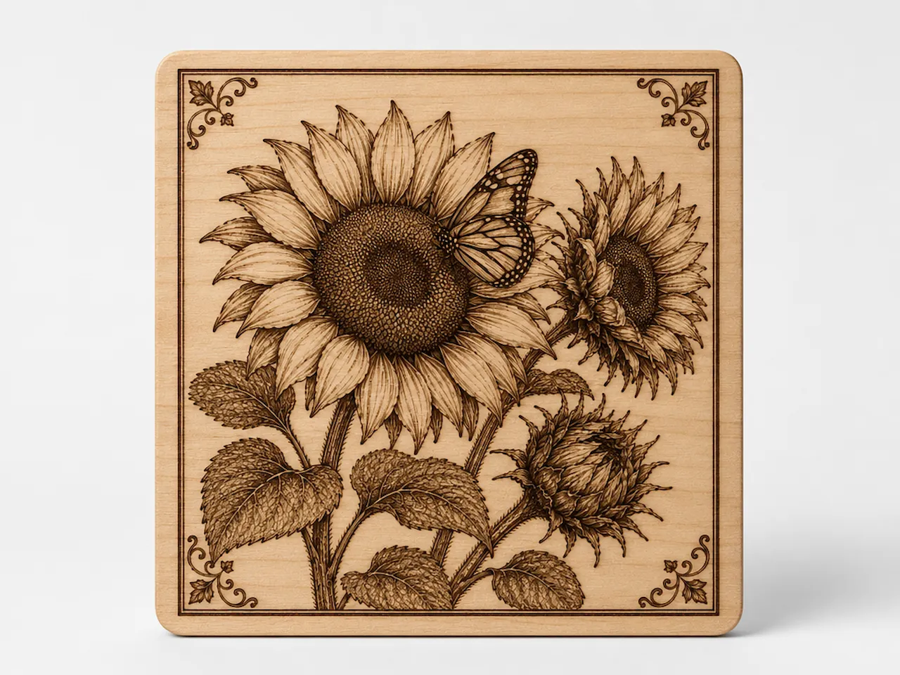 [Laser cut and engrave] Square wooden wall art featuring sunflowers and a butterfly
