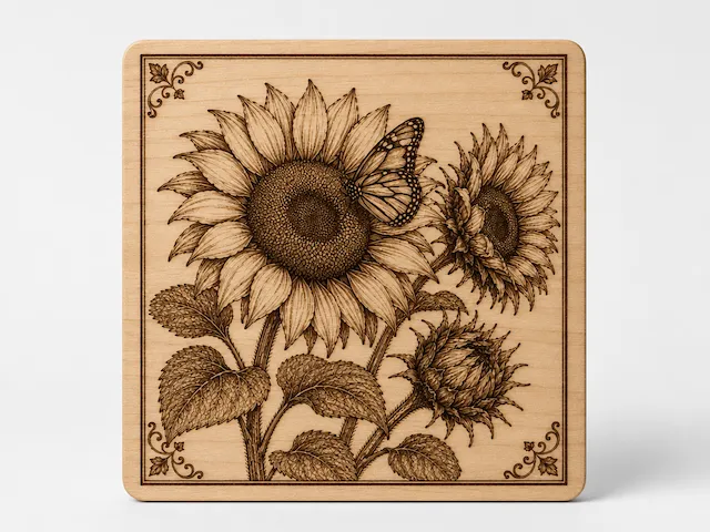 Square wooden wall art featuring sunflowers and a butterfly