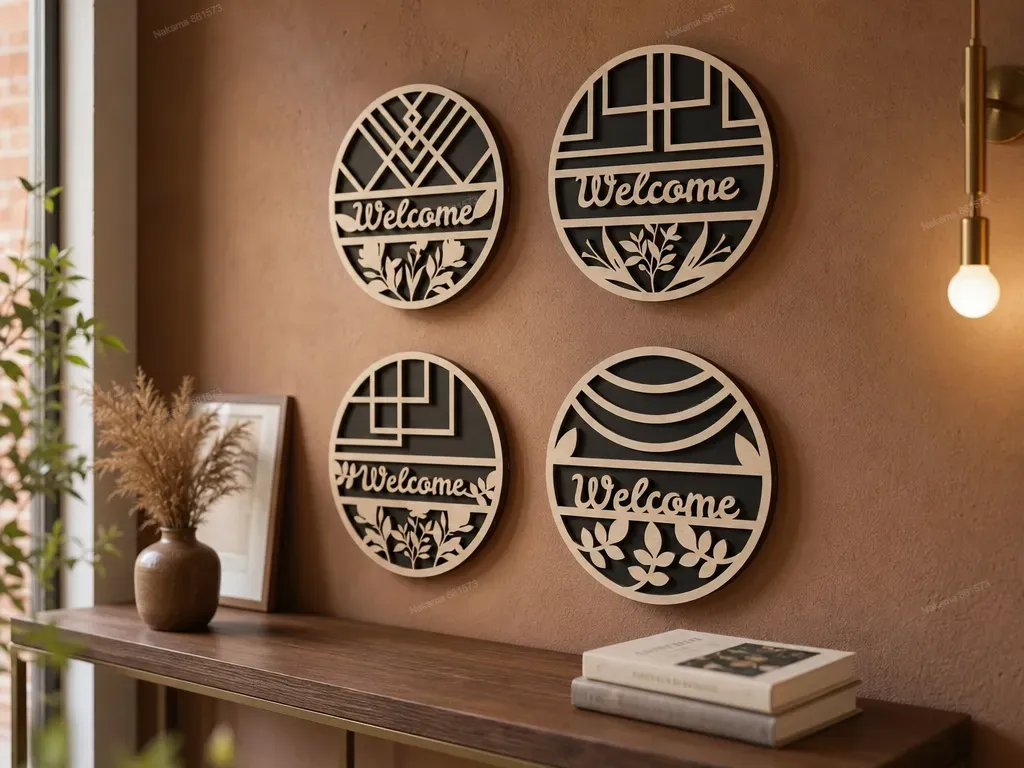 Round Welcome Wall Signs with Geometric and Botanical Patterns