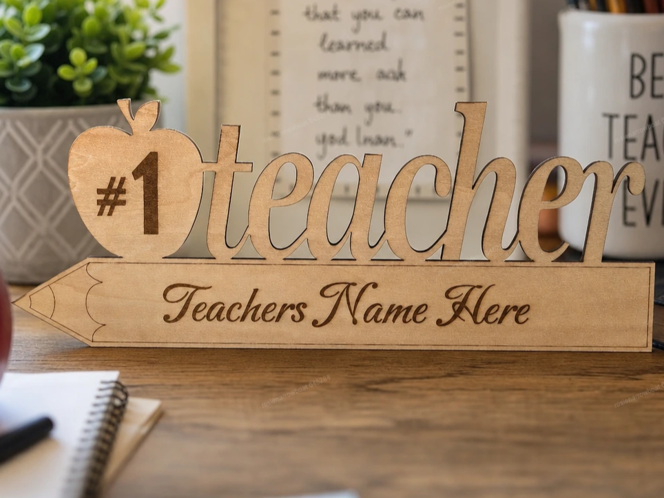Number One Teacher Desk Sign with Apple and Pencil Motif