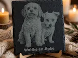 [Laser cut and engrave] Slate Plaque Featuring Portrait of Two Dogs Named Wolfke and Jipke