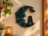 [Laser cut and engrave] Décoration murale en forme de croissant de lune avec fleurs, papillon et chien