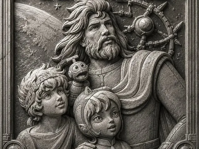 Bas-relief mural représentant un père et ses enfants dans un décor spatial